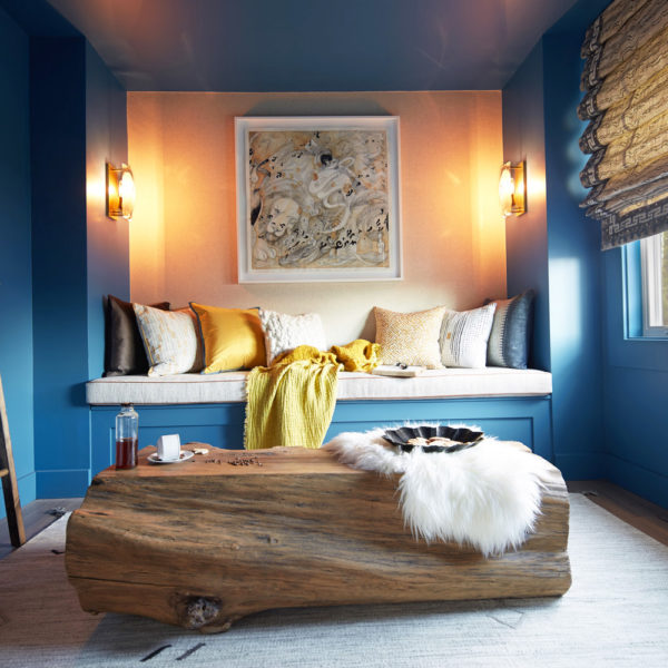 blue and yellow sitting area for napa showhouse