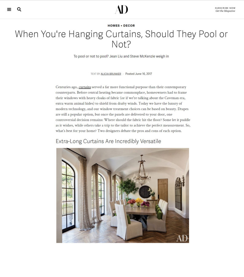 architecturaldigest.com screenshot of article entitled When You're Hanging Curtains, Should They Pool or Not?