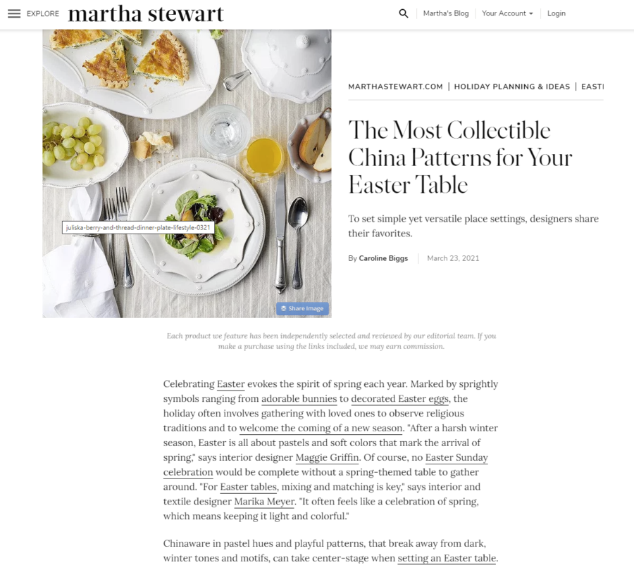 Martha Stewart China Patterns for Easter Table
