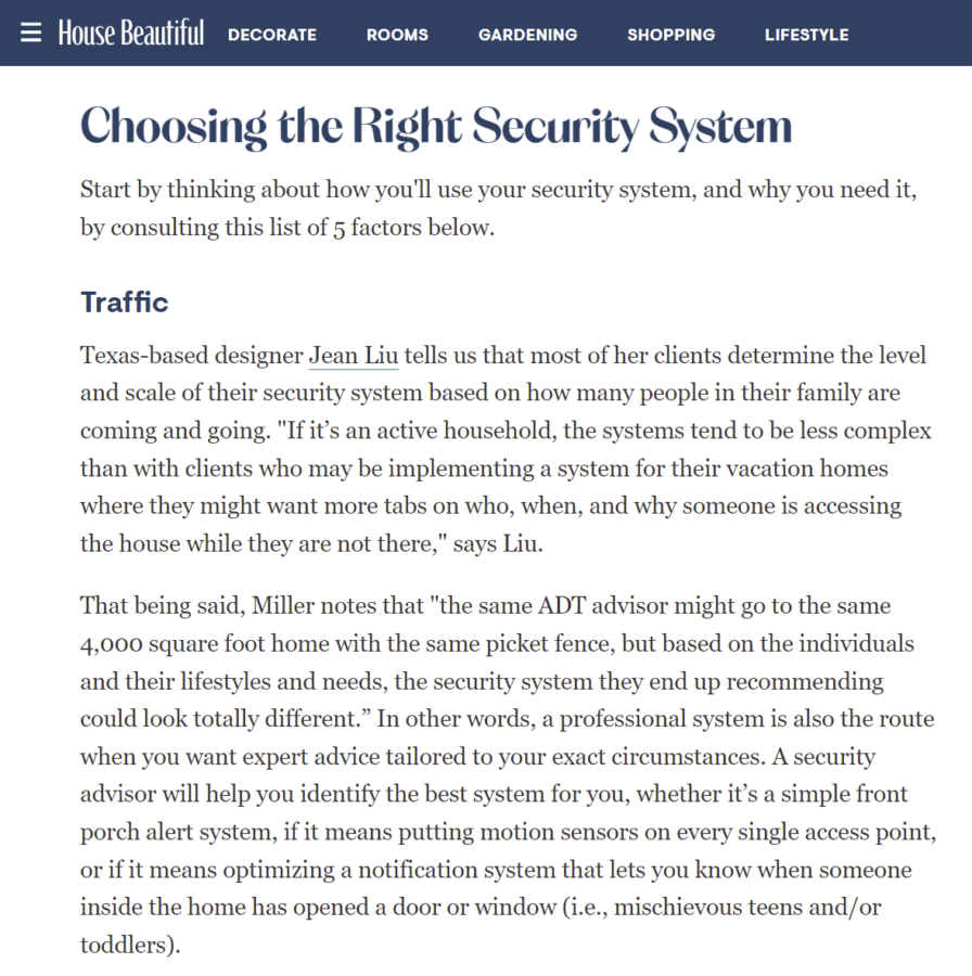 House Beautiful Security System Article Excerpt quote from Jean Liu