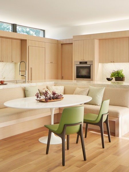 Texas Modern - Book edited by Hannah Jenkins Texas Modern Caruth Residence modern white marble kitchen and banquet seating by Jean Liu Design