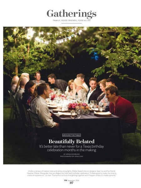 Traditional Home Beautifully Belated guest surround an elegant dinner table at dusk