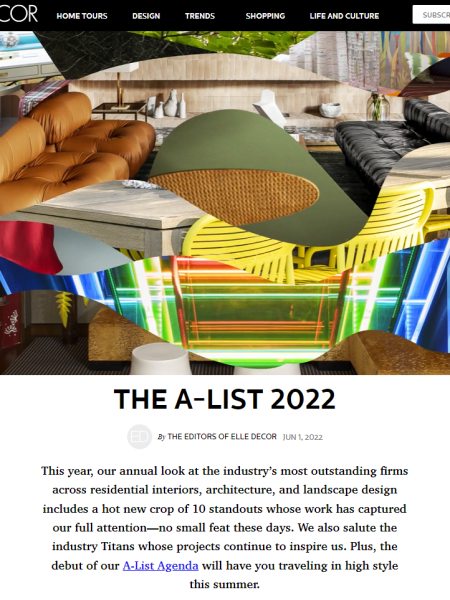 Elle Decor - Read article <a href="https://www.elledecor.com/a-list/" target="_blank" rel="noopener">online</a> The A-List 2022 on elledecor.com