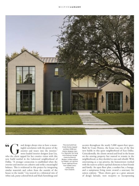 A modern two-story house with light brick and dark siding, large windows, and a manicured lawn stands on a quiet street under a tree, featured in a luxury home magazine layout with text and a circular inset image.