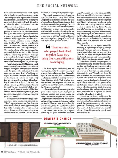 Magazine page titled “The Social Network” featuring text, a quote in pink, and a boxed section at the bottom labeled “Dealer’s Choice” with photos of two luxury mahjong sets and their descriptions.