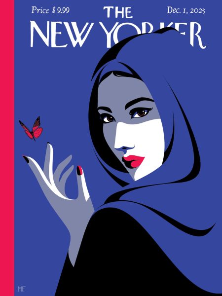 A stylized illustration of a woman in a blue hijab with red lips, holding her hand towards a red butterfly. The background is blue with “The New Yorker” magazine title and the date December 1, 2025, at the top.