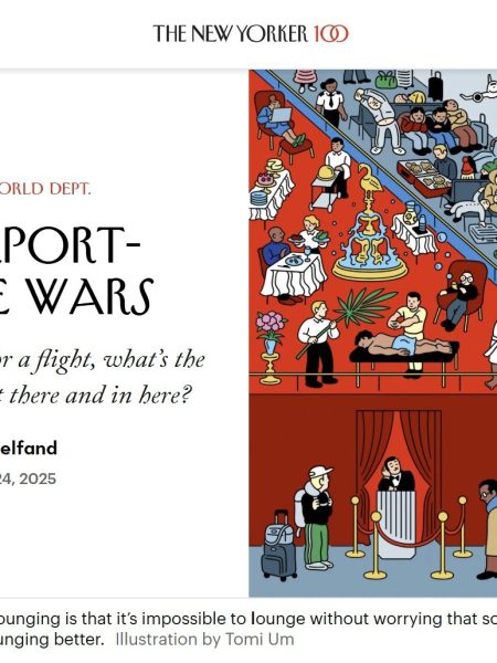 Split-screen illustration: Left side shows a cramped, chaotic airport gate with frustrated travelers; right side shows a luxurious, red-carpet lounge with relaxed, well-dressed people enjoying drinks and comfort.