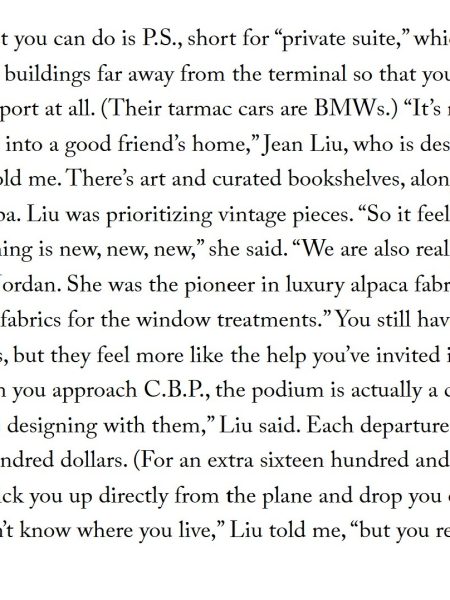 A passage discusses private airport suites (P.S.) in the U.S., detailing personalized service, luxury amenities, and anecdotes from Liu, a designer who creates custom lounges with curated furniture and upscale comforts.